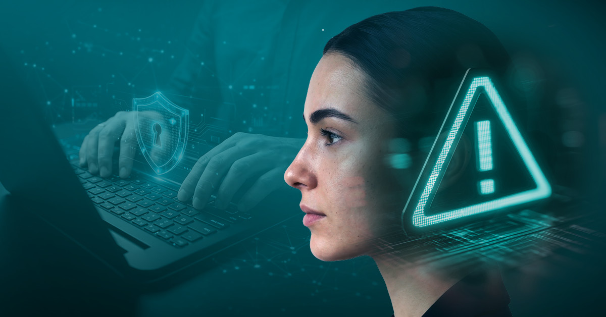 Kopf einer Frau im Profil. Im Vordergrund schwebt ein Warnzeichen. Im Hintergrund tippen Hände auf einem Notebook, darüber schwebt ein digitales Schutzschild.