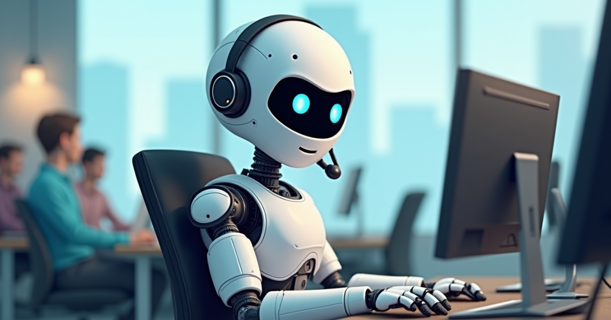 KI Roboter sitzt im Callcenter am Arbeitsplatz