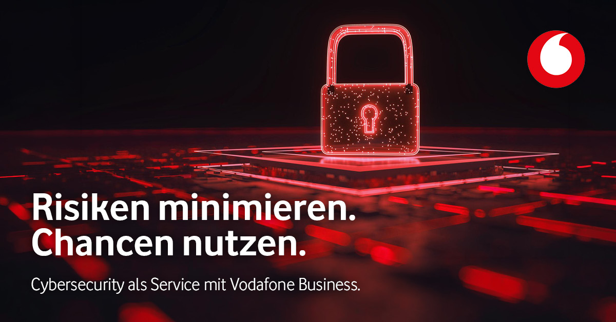 Rot leuchtendes, digitales Vorhängeschloss als Symbol für IT-Sicherheit und Cybersecurity. Daneben das Vodafone-Logo und der Schriftzug ‚Risiken minimieren. Chancen nutzen. Cybersecurity als Service mit Vodafone Business.